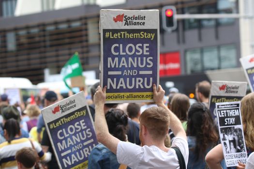 AUSTRALIA, Sydney: Thousands of Australian have taken to the streets during a protest demanding that refugees not be send back to Nauru or Manus Island on March 20, 2016 in Sydney, Australia.
