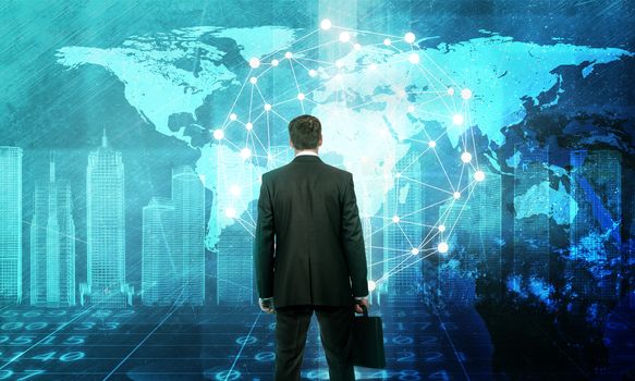 Businessman in front of holographic screen with earth globe and 3d city model. Elements of this image furnished by NASA