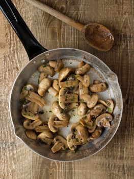 close up of rustic sauteed mushrooms