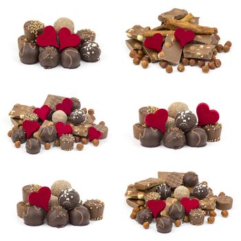 delicious chocolate and hearts on white background