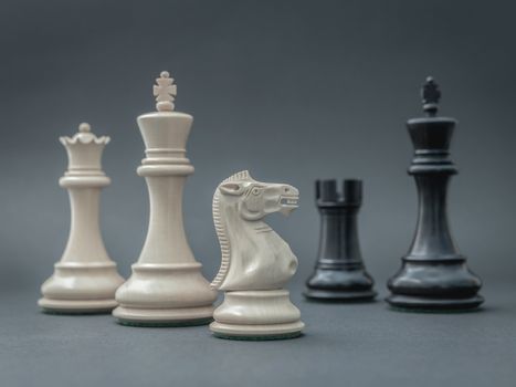 Black and White King and Knight of chess setup on dark background . Leader and teamwork concept for success.