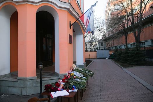 RUSSIA, Moscow: People bring flowers to the Moscow representative office of Rostov-on-Don city, on March 20, 2016 where passenger plane Boeing-737-800 crashed at landing. The plane crashed in southern Russia early on March 19, killing all 62 people on board as it tried to land in bad weather in the city of Rostov-on-Don.