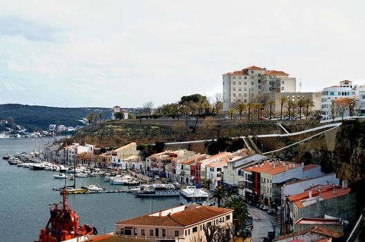 Mahon Harbor and View Central Seafront in Cloudy Summer Day, Menorca, Balearic Islands