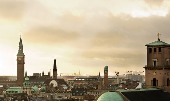 Copenhagen Roofs in Cloudy Day with Dramatic Sky in November Outdoors