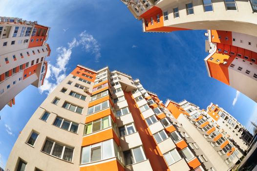 Fisheye shot of new apartments buildings exterior