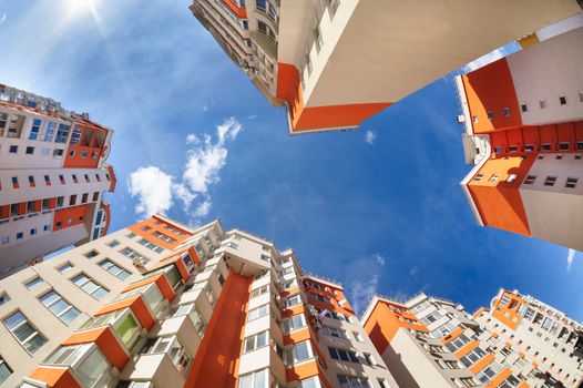 Fisheye shot of new apartments buildings exterior