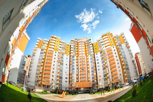 Fisheye shot of new apartments buildings exterior