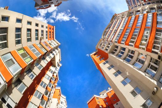 Fisheye shot of new apartments buildings exterior