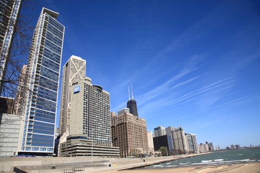 Hancock Tower and other buildings of Chicago near Lake Michigan, including W Hotel.