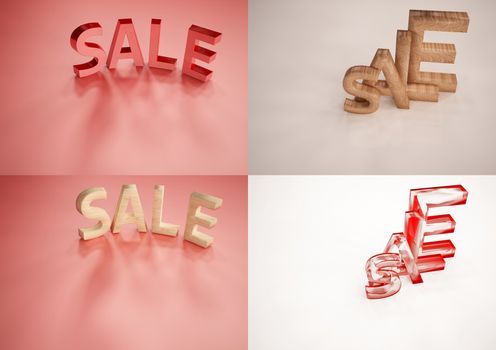 Set of pictures dimensional inscription of SALE on background.