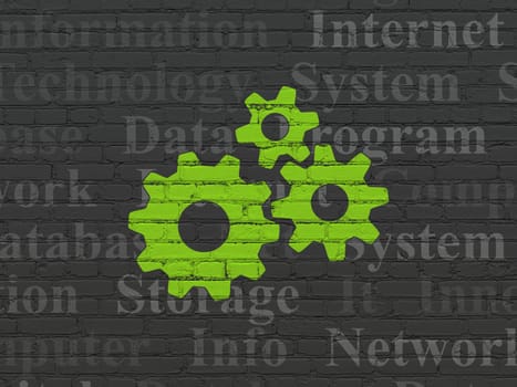 Data concept: Painted green Gears icon on Black Brick wall background with  Tag Cloud