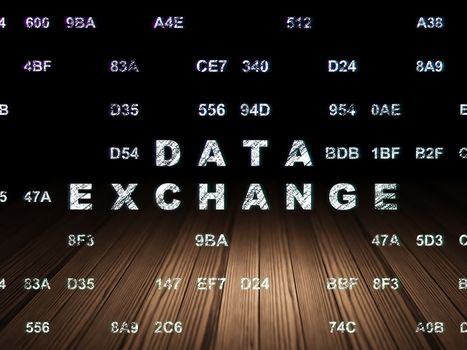 Information concept: Glowing text Data Exchange in grunge dark room with Wooden Floor, black background with Hexadecimal Code