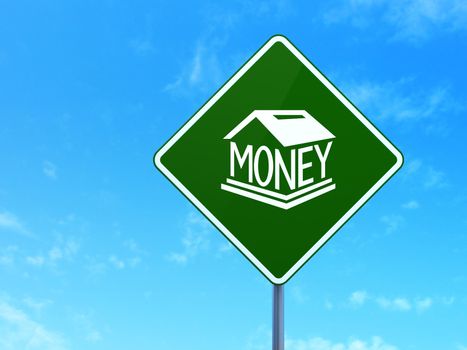 Money concept: Money Box on green road highway sign, clear blue sky background, 3d render