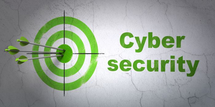 Success protection concept: arrows hitting the center of target, Green Cyber Security on wall background