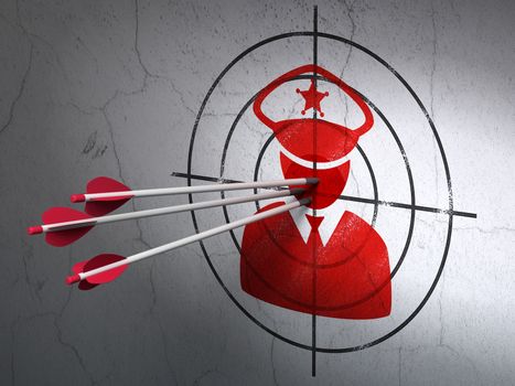 Success protection concept: arrows hitting the center of Red Police target on wall background