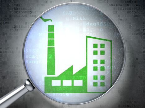 Business concept: magnifying optical glass with Industry Building icon on digital background