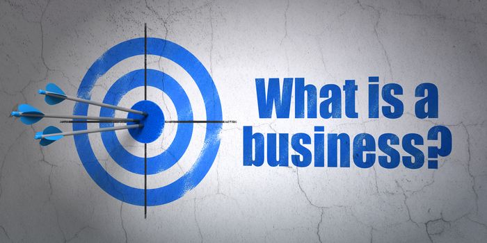 Success finance concept: arrows hitting the center of target, Blue What is a Business? on wall background