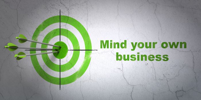 Success business concept: arrows hitting the center of target, Green Mind Your own Business on wall background