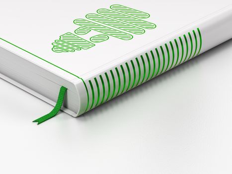 Finance concept: closed book with Green Energy Saving Lamp icon on floor, white background, 3d render