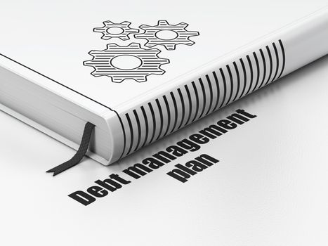 Business concept: closed book with Black Gears icon and text Debt Management Plan on floor, white background, 3d render