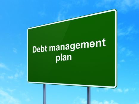 Finance concept: Debt Management Plan on green road highway sign, clear blue sky background, 3d render