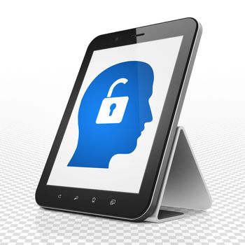 Business concept: Tablet Computer with blue Head With Padlock icon on display