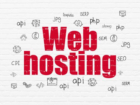 Web development concept: Painted red text Web Hosting on White Brick wall background with  Hand Drawn Site Development Icons