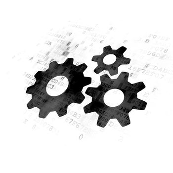 Web development concept: Pixelated black Gears icon on Digital background