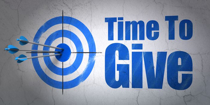 Success time concept: arrows hitting the center of target, Blue Time To Give on wall background