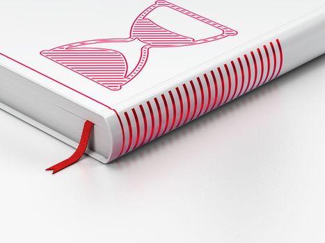 Timeline concept: closed book with Red Hourglass icon on floor, white background, 3d render