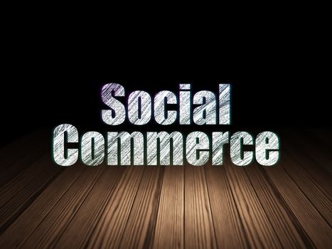 Advertising concept: Glowing text Social Commerce in grunge dark room with Wooden Floor, black background