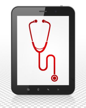 Healthcare concept: Tablet Pc Computer with red Stethoscope icon on display