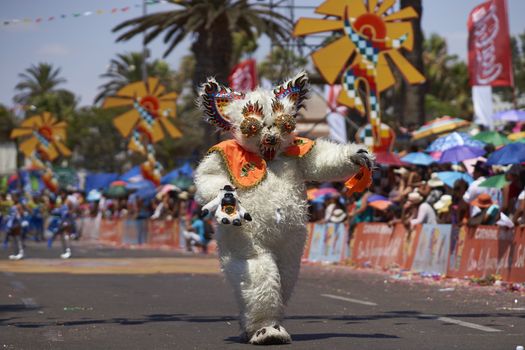 Morenada dance group in traditional Andean costume performing at the annual Carnaval Andino con la Fuerza del Sol in Arica, Chile.