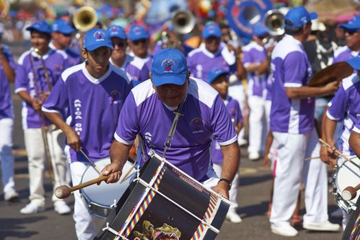 Band of a Caporales dance group at the Carnaval Andino con la Fuerza del Sol in Arica, Chile.