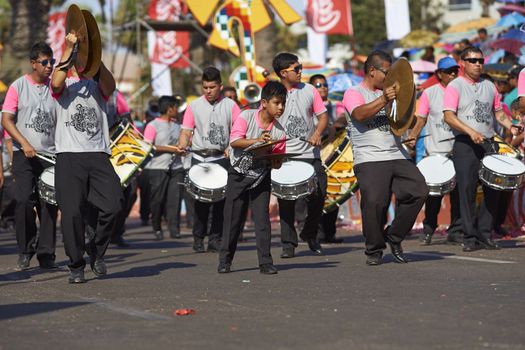 Band of a Caporales dance group at the Carnaval Andino con la Fuerza del Sol in Arica, Chile.