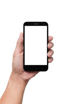 hand holding the smartphone isolated on white background.