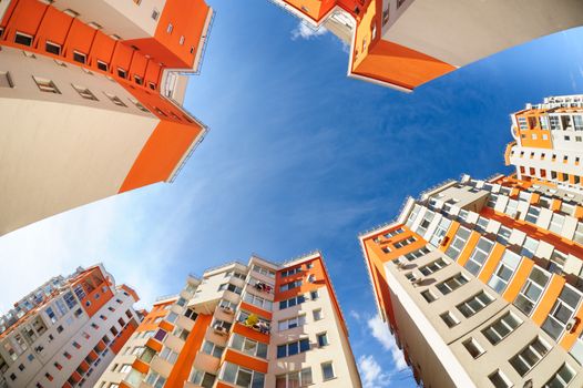 Fisheye shot of new apartments buildings exterior