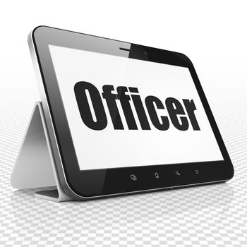 Law concept: Tablet Computer with black text Officer on display