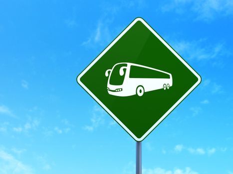 Travel concept: Bus on green road highway sign, clear blue sky background, 3d render