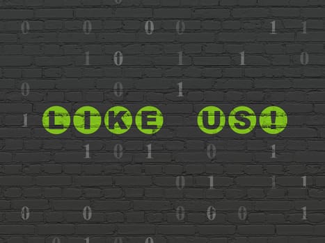 Social media concept: Painted green text Like us! on Black Brick wall background with Binary Code