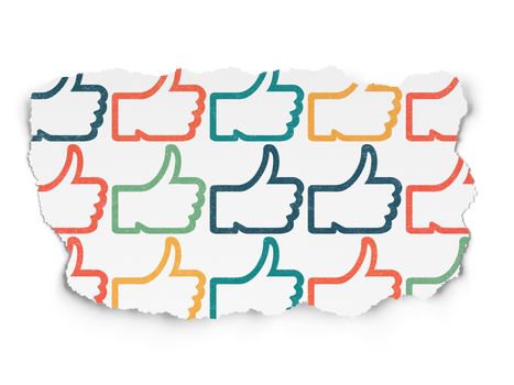 Social media concept: Painted multicolor Thumb Up icons on Torn Paper background