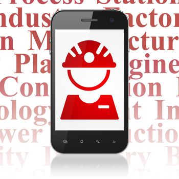 Manufacuring concept: Smartphone with  red Factory Worker icon on display,  Tag Cloud background