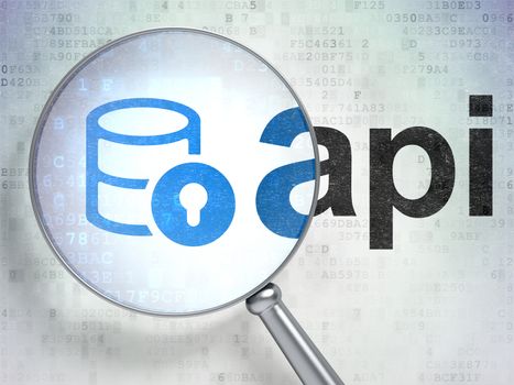 Programming concept: magnifying optical glass with Database With Lock icon and Api word on digital background
