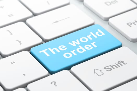 Political concept: computer keyboard with word The World Order, selected focus on enter button background, 3d render