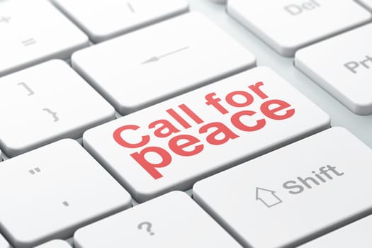 Political concept: computer keyboard with word Call For Peace, selected focus on enter button background, 3d render
