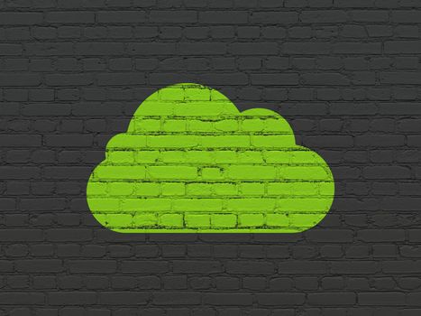 Cloud technology concept: Painted green Cloud icon on Black Brick wall background