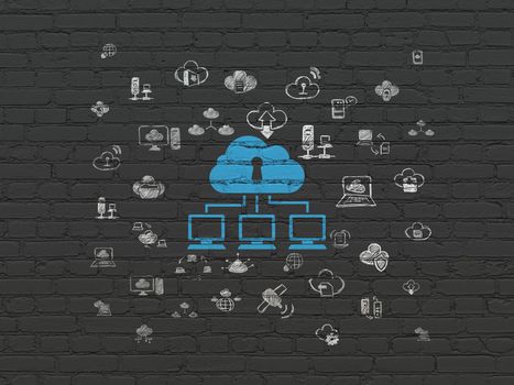 Cloud computing concept: Painted blue Cloud Network icon on Black Brick wall background with  Hand Drawn Cloud Technology Icons