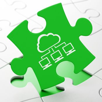 Cloud computing concept: Cloud Network on Green puzzle pieces background, 3d render