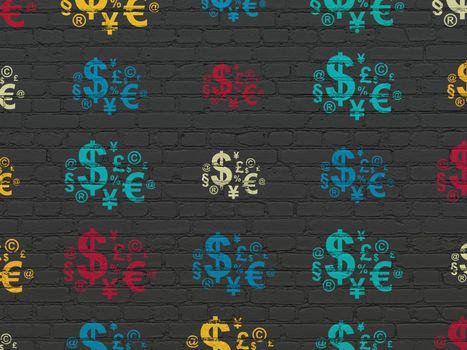 News concept: Painted multicolor Finance Symbol icons on Black Brick wall background