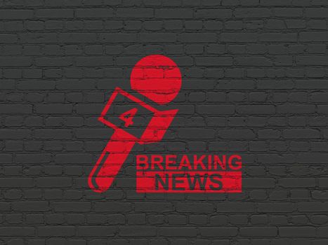 News concept: Painted red Breaking News And Microphone icon on Black Brick wall background